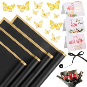 20 Sheets Flower Wrapping Paper - Waterproof Floral Bouquet Wrapping Paper, Florist Supplies with 3D Gold Butterfly Decor(Translucent black)