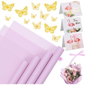 20 ورقة ورقة التفاف الزهرة - ورقة التغليف باقة الأزهار المقاومة للماء ، مستلزمات بائع الزهور مع ديكور الفراشة الذهب ثلاثية الأبعاد （وردي شفاف) in Kuwait