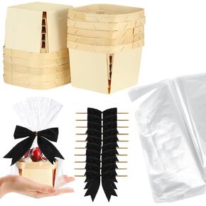 Yerliker 10 Set Wooden Mini Baskets for Gifts Empty 4 Inches Small Baskets Berry Basket Bows Clear Treat Bags Set for DIY Picking Wedding Birthday Easter(Brown,Linen)