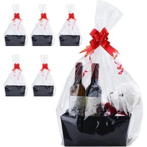 5 Pcs Black Basket for Gifts Empty DIY Bulk Party Gift Basket Kit with Handles with 5 Bag 5 Bow Market Tray for Gift Packages Wrapping Anniversary Birthday Wedding Party Gift(9.8 x 6.7 x 4.3 In)