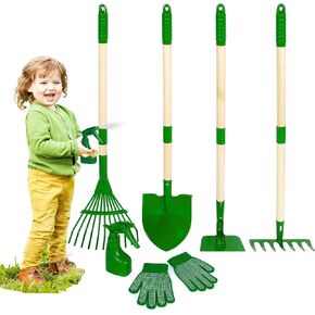Duckura Kids Gardening Tools Set - 7pcs Wheelbarrow Set for Kids with Shovel, Rake, Leaf Rake, Outdoor Yard Digging Weed Toys, Valentines Birthday Gifts for Boys Girls Age 3 4 5 Years Old(Green)