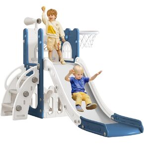 6 in 1 Toddler Slide for Toddler Age 1-3,Kids Climber Slider for Indoor Outdoor Playground with Basketball Hoop,Storage and Telescope,L Shaped Slide for Toddler Climber Playset