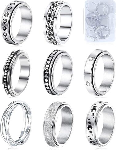 MUCAL Fidget Rings for Anxiety 8pcs Stainless Steel Spinner Ring Anti Anxiety Ring Spinning Moon Star Cool Stress Relieveing Rings for Women Men in Saudi Arabia