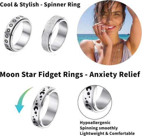MUCAL Fidget Rings for Anxiety 8pcs Stainless Steel Spinner Ring Anti Anxiety Ring Spinning Moon Star Cool Stress Relieveing Rings for Women Men in Saudi Arabia
