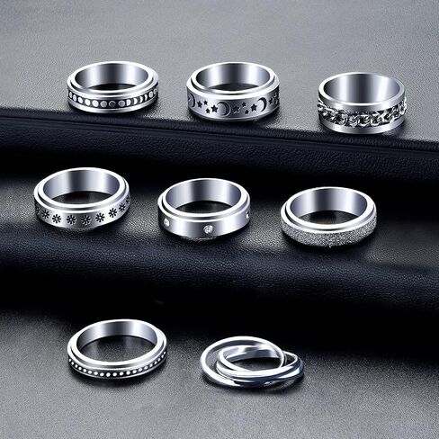 MUCAL Fidget Rings for Anxiety 8pcs Stainless Steel Spinner Ring Anti Anxiety Ring Spinning Moon Star Cool Stress Relieveing Rings for Women Men in Saudi Arabia
