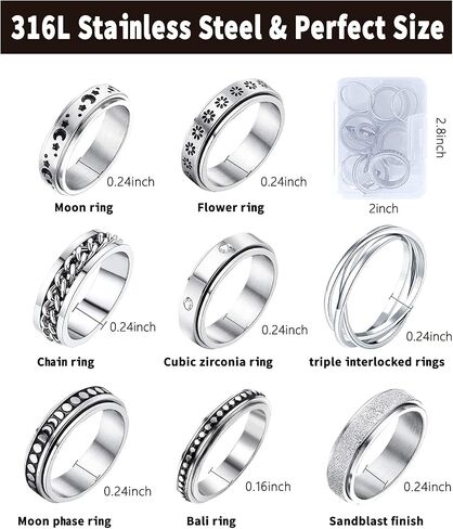 MUCAL Fidget Rings for Anxiety 8pcs Stainless Steel Spinner Ring Anti Anxiety Ring Spinning Moon Star Cool Stress Relieveing Rings for Women Men in Saudi Arabia