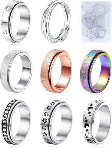 MUCAL Fidget Rings for Anxiety 8pcs Stainless Steel Spinner Ring Anti Anxiety Ring Spinning Moon Star Cool Stress Relieveing Rings for Women Men in Saudi Arabia