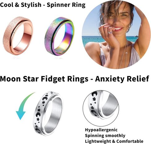 MUCAL Fidget Rings for Anxiety 8pcs Stainless Steel Spinner Ring Anti Anxiety Ring Spinning Moon Star Cool Stress Relieveing Rings for Women Men in Saudi Arabia