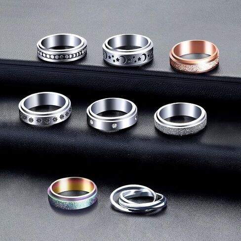 MUCAL Fidget Rings for Anxiety 8pcs Stainless Steel Spinner Ring Anti Anxiety Ring Spinning Moon Star Cool Stress Relieveing Rings for Women Men in Saudi Arabia