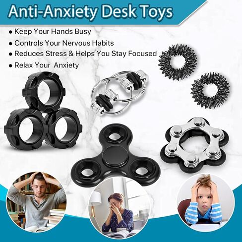 Fidget Toys Adults Pack 6Pcs, EDC Fidgeting Game for Kids Teen Cool Mini Gadget Desk Toys Figette Spinner Figits Rings Classroom ADHD Stress Anxiety Relief Silent Toy Stocking Stuffers Gift for Boys in Kuwait