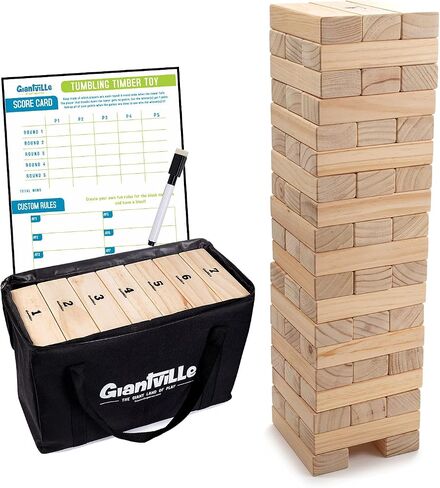 Giantville Giant Tumbling Timber Toy - Premium Pine Wood Life-Size Blocks Tower - Big Floor/Board Indoor/Outdoor Yard Game for Kids & Adults - 56-Pieces + Carry/Storage Bag - Grows to Over 4-Feet in Kuwait