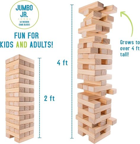 Giantville Giant Tumbling Timber Toy - Premium Pine Wood Life-Size Blocks Tower - Big Floor/Board Indoor/Outdoor Yard Game for Kids & Adults - 56-Pieces + Carry/Storage Bag - Grows to Over 4-Feet in Kuwait