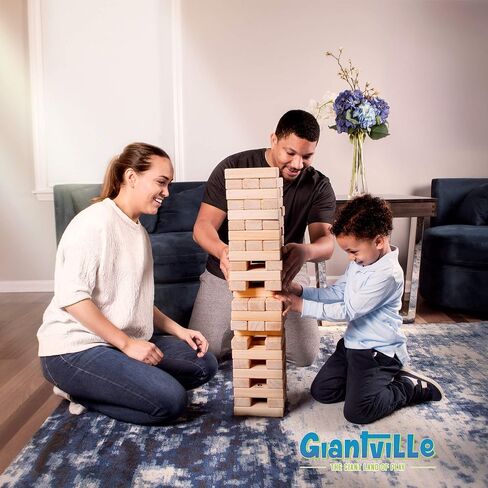 Giantville Giant Tumbling Timber Toy - Premium Pine Wood Life-Size Blocks Tower - Big Floor/Board Indoor/Outdoor Yard Game for Kids & Adults - 56-Pieces + Carry/Storage Bag - Grows to Over 4-Feet in Kuwait