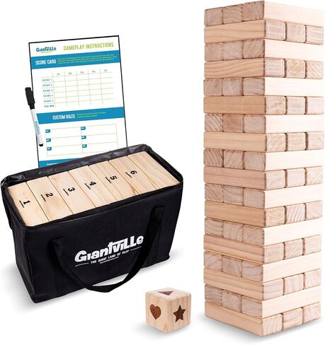 Giantville Giant Tumbling Timber Toy - Premium Pine Wood Life-Size Blocks Tower - Big Floor/Board Indoor/Outdoor Yard Game for Kids & Adults - 56-Pieces + Carry/Storage Bag - Grows to Over 4-Feet in Kuwait