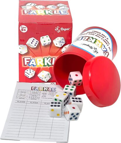 Regal Games - Farkle Classic Dice Game w/ 6 Colored Dice, 1 Convenient Dice Cup for Easy Shaking, and 25 Score Sheets - Fun Family Game for Travel, Camp, and More - Ideal for 2-4 Players (Ages 12+) in Saudi Arabia