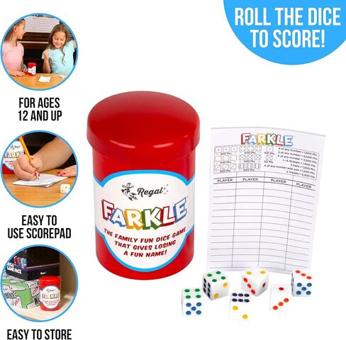 Regal Games - Farkle Classic Dice Game w/ 6 Colored Dice, 1 Convenient Dice Cup for Easy Shaking, and 25 Score Sheets - Fun Family Game for Travel, Camp, and More - Ideal for 2-4 Players (Ages 12+) in Saudi Arabia