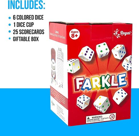 Regal Games - Farkle Classic Dice Game w/ 6 Colored Dice, 1 Convenient Dice Cup for Easy Shaking, and 25 Score Sheets - Fun Family Game for Travel, Camp, and More - Ideal for 2-4 Players (Ages 12+) in Saudi Arabia