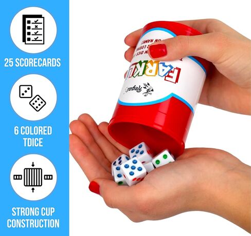 Regal Games - Farkle Classic Dice Game w/ 6 Colored Dice, 1 Convenient Dice Cup for Easy Shaking, and 25 Score Sheets - Fun Family Game for Travel, Camp, and More - Ideal for 2-4 Players (Ages 12+) in Saudi Arabia