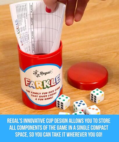 Regal Games - Farkle Classic Dice Game w/ 6 Colored Dice, 1 Convenient Dice Cup for Easy Shaking, and 25 Score Sheets - Fun Family Game for Travel, Camp, and More - Ideal for 2-4 Players (Ages 12+) in Saudi Arabia