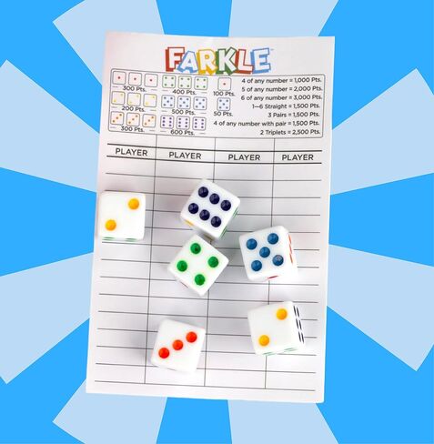 Regal Games - Farkle Classic Dice Game w/ 6 Colored Dice, 1 Convenient Dice Cup for Easy Shaking, and 25 Score Sheets - Fun Family Game for Travel, Camp, and More - Ideal for 2-4 Players (Ages 12+) in Saudi Arabia