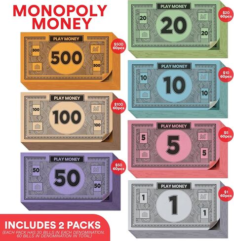 Monopoly Money Replacement Play Money 80 Sheets Total in Mixed Colors: $1, $5, $10, $20,$50,$100,$1000 in Kuwait