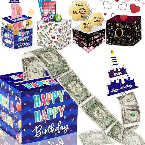 Birthday Money Box for Cash Gift Pull, Surprise Money Roll Gift Box with Pull Out Card and 30 Transparent Bags DIY Set, Funny Ways to Give Money as Gift for Parents, Lovers, Friends (Blue) in Saudi Arabia