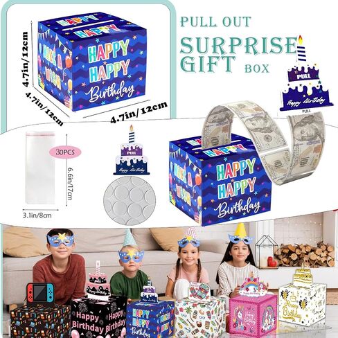 Birthday Money Box for Cash Gift Pull, Surprise Money Roll Gift Box with Pull Out Card and 30 Transparent Bags DIY Set, Funny Ways to Give Money as Gift for Parents, Lovers, Friends (Blue) in Saudi Arabia