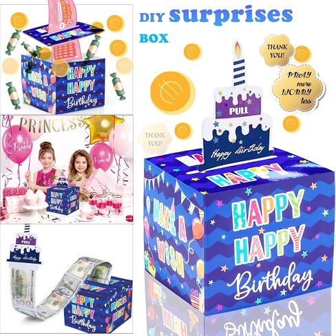 Birthday Money Box for Cash Gift Pull, Surprise Money Roll Gift Box with Pull Out Card and 30 Transparent Bags DIY Set, Funny Ways to Give Money as Gift for Parents, Lovers, Friends (Blue) in Saudi Arabia