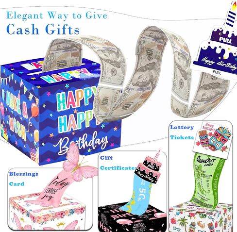Birthday Money Box for Cash Gift Pull, Surprise Money Roll Gift Box with Pull Out Card and 30 Transparent Bags DIY Set, Funny Ways to Give Money as Gift for Parents, Lovers, Friends (Blue) in Saudi Arabia