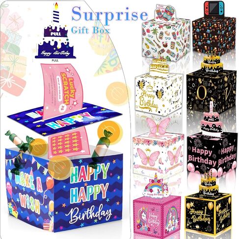 Birthday Money Box for Cash Gift Pull, Surprise Money Roll Gift Box with Pull Out Card and 30 Transparent Bags DIY Set, Funny Ways to Give Money as Gift for Parents, Lovers, Friends (Blue) in Saudi Arabia