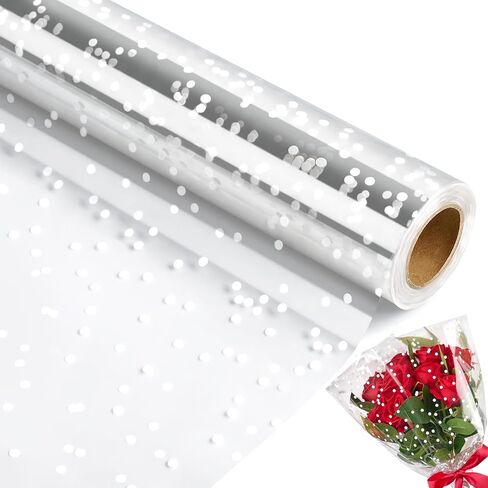 Jutieuo Clear Cellophane Wrap Roll | 100’Ft. Long X 34"In. Extra Wide | 2.5 Mil Thick Crystal Clear with Irregular White Dot | Bouquet, Baskets, Gifts, Crafts, Treats, Wrapping | Food Grade in Kuwait