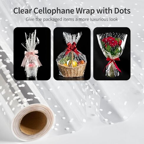 Jutieuo Clear Cellophane Wrap Roll | 100’Ft. Long X 34"In. Extra Wide | 2.5 Mil Thick Crystal Clear with Irregular White Dot | Bouquet, Baskets, Gifts, Crafts, Treats, Wrapping | Food Grade in Kuwait