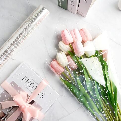 Jutieuo Clear Cellophane Wrap Roll | 100’Ft. Long X 34"In. Extra Wide | 2.5 Mil Thick Crystal Clear with Irregular White Dot | Bouquet, Baskets, Gifts, Crafts, Treats, Wrapping | Food Grade in Kuwait