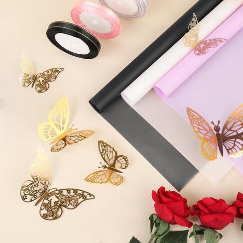 20 ورقة ورقة التفاف الزهرة - ورقة التغليف باقة الأزهار المقاومة للماء ، مستلزمات بائع الزهور مع ديكور الفراشة الذهب ثلاثية الأبعاد （وردي شفاف) in Kuwait