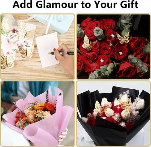 20 ورقة ورقة التفاف الزهرة - ورقة التغليف باقة الأزهار المقاومة للماء ، مستلزمات بائع الزهور مع ديكور الفراشة الذهب ثلاثية الأبعاد （وردي شفاف) in Kuwait