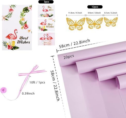 20 ورقة ورقة التفاف الزهرة - ورقة التغليف باقة الأزهار المقاومة للماء ، مستلزمات بائع الزهور مع ديكور الفراشة الذهب ثلاثية الأبعاد （وردي شفاف) in Kuwait