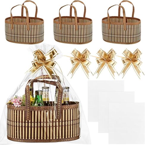 Baskets for Gifts Empty Sturdy Woven Bamboo Gift Basket with Gift Bags and Ribbons for Christmas Thanksgiving Birthday Mothers Day Housewarming Party Gift Wrapping, 12"x 8"x 6" (1 Set) in Kuwait