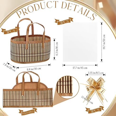 Baskets for Gifts Empty Sturdy Woven Bamboo Gift Basket with Gift Bags and Ribbons for Christmas Thanksgiving Birthday Mothers Day Housewarming Party Gift Wrapping, 12"x 8"x 6" (1 Set) in Kuwait