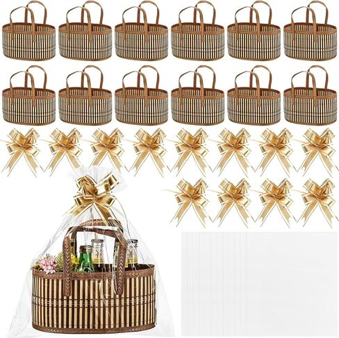 Baskets for Gifts Empty Sturdy Woven Bamboo Gift Basket with Gift Bags and Ribbons for Christmas Thanksgiving Birthday Mothers Day Housewarming Party Gift Wrapping, 12"x 8"x 6" (1 Set) in Saudi Arabia