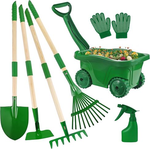 Duckura Kids Gardening Tools Set - 7pcs Wheelbarrow Set for Kids with Shovel, Rake, Leaf Rake, Outdoor Yard Digging Weed Toys, Valentines Birthday Gifts for Boys Girls Age 3 4 5 Years Old(Green) in Saudi Arabia