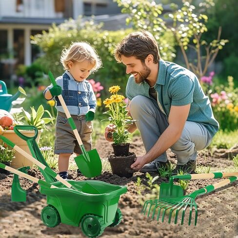 Duckura Kids Gardening Tools Set - 7pcs Wheelbarrow Set for Kids with Shovel, Rake, Leaf Rake, Outdoor Yard Digging Weed Toys, Valentines Birthday Gifts for Boys Girls Age 3 4 5 Years Old(Green) in Saudi Arabia