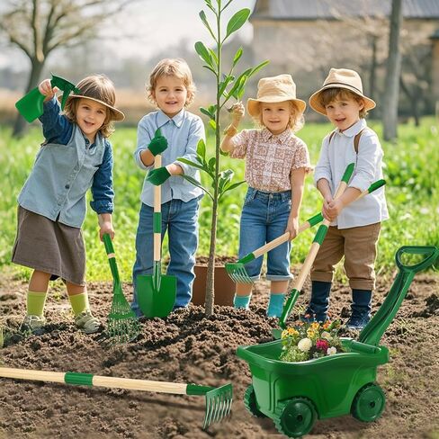Duckura Kids Gardening Tools Set - 7pcs Wheelbarrow Set for Kids with Shovel, Rake, Leaf Rake, Outdoor Yard Digging Weed Toys, Valentines Birthday Gifts for Boys Girls Age 3 4 5 Years Old(Green) in Saudi Arabia