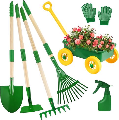 Duckura Kids Gardening Tools Set - 7pcs Wheelbarrow Set for Kids with Shovel, Rake, Leaf Rake, Outdoor Yard Digging Weed Toys, Valentines Birthday Gifts for Boys Girls Age 3 4 5 Years Old(Green) in Saudi Arabia