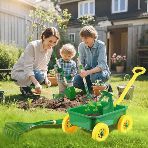 Duckura Kids Gardening Tools Set - 7pcs Wheelbarrow Set for Kids with Shovel, Rake, Leaf Rake, Outdoor Yard Digging Weed Toys, Valentines Birthday Gifts for Boys Girls Age 3 4 5 Years Old(Green) in Saudi Arabia