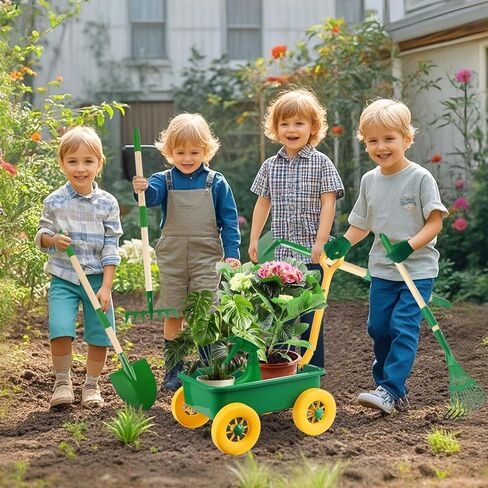 Duckura Kids Gardening Tools Set - 7pcs Wheelbarrow Set for Kids with Shovel, Rake, Leaf Rake, Outdoor Yard Digging Weed Toys, Valentines Birthday Gifts for Boys Girls Age 3 4 5 Years Old(Green) in Saudi Arabia