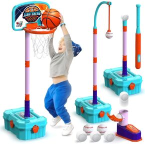 Kids Basketball Hoop and T-Ball Set for Kids 3-5, 3 Adjustable Toddler Basketball Hoop Indoor Outdoor Kids Toys Birthday Gift for Boys Girls