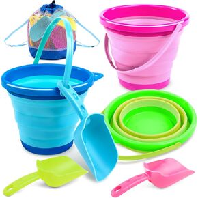 JOYIN Foldable Beach Bucket Set - 3 Packs Collapsible Toy Buckets with Shovels and Mesh Backpack for Kids Toddlers Party, Camping Gear, Travelling, Fishing Water Pail (Pink/Purple/Green)