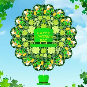 St. Patrick's Day Wind Spinner, St Patricks Day Decorations Gifts for Women, 3D Shamrock Hanging Wind Spinners for Outdoor & Indoor Decor, 12 Inch Metal Wind Spinner for Garden Yard Home Ornament