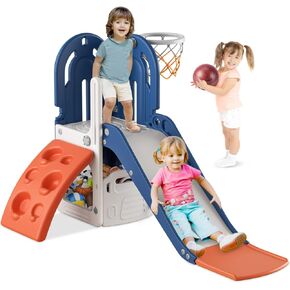BIERUM 4 in 1 Toddler Slide, Slide for Toddlers Age 1-3 with Basketball Hoop and Ball, Slide for Kids, Indoor Outdoor Backyard Playground Climbing Theme Baby Slide Toy Blue Orange