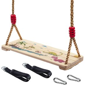 Wooden Swing Seat, Nostalgic Outdoor Wood Swing for Kids, Tree Swing for Adults, Connecting Straps Swing Set Accessories for Backyard Patio Garden Playground, Height Adjustable (Wood-1)